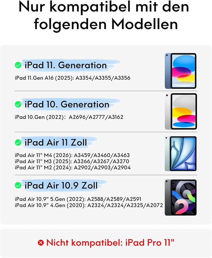 CHESONA Tastatur Hülle für iPad 11 (A16)/10. Gen, Air 11" M4/M3/M2, Air 5/4 | Abnehmbare Bluetooth-T