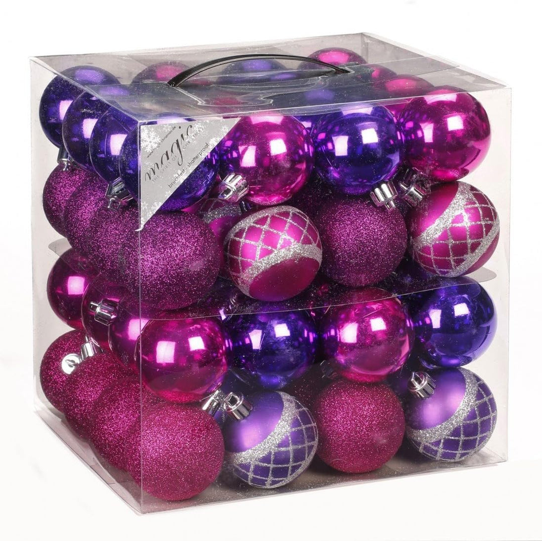 64x Kunststoff Christbaumkugeln 6cm Kugel Box Glanz Glitzer Matt Dekor Inge Glas, Farbe:Pink-Purple