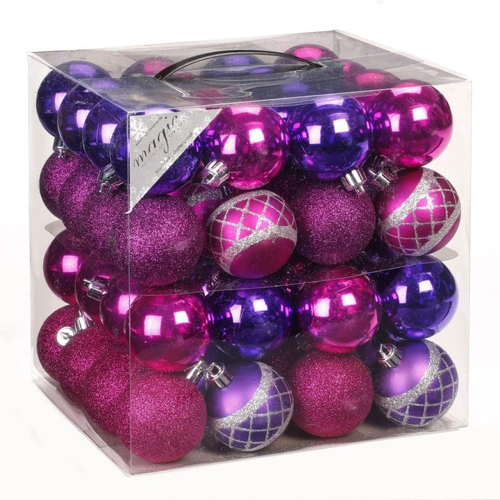 64x Kunststoff Christbaumkugeln 6cm Kugel Box Glanz Glitzer Matt Dekor Inge Glas, Farbe:Pink-Purple