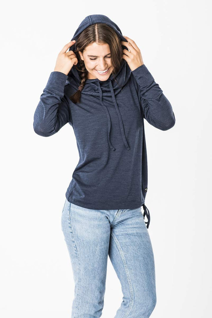 super.natural Damen Kapuzenpullover, Mit Merinowolle, W FUNNEL HOODIE Dunkelblau Meliert XS, Dunkelb
