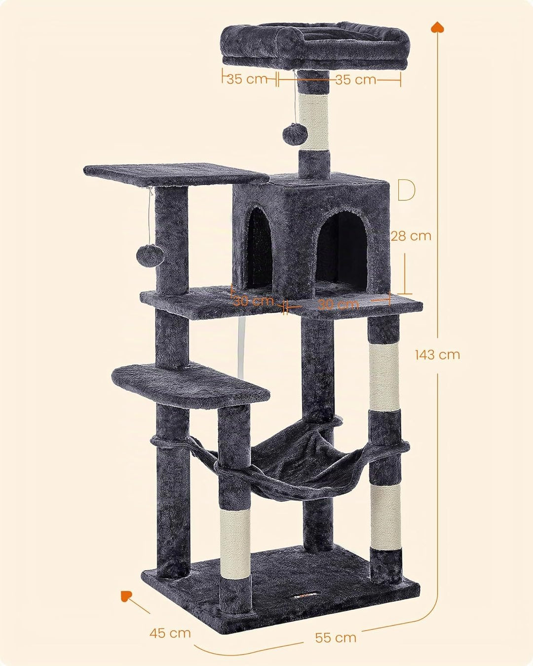 Feandrea Kratzbaum, 143 cm hoch, Katzenbaum, mehrstöckige Katzenhaus, mit 4 Kratzsäulen, 2 Plattform
