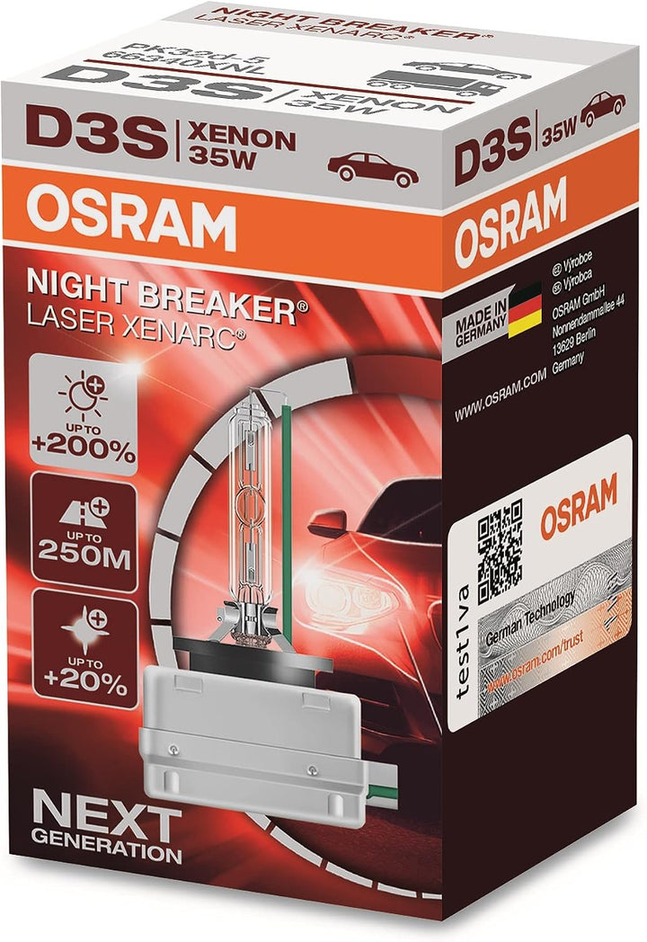 OSRAM XENARC NIGHT BREAKER LASER D3S, +200 % mehr Helligkeit, HID Xenon-Scheinwerferlampe, 66340XNL,