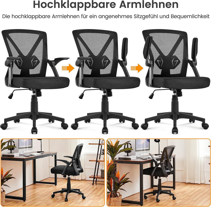 Yaheetech Bürostuhl ergonomisch, Schreibtischstuhl aus Mesh mit Hochklappbaren Armlehnen, Drehstuhl