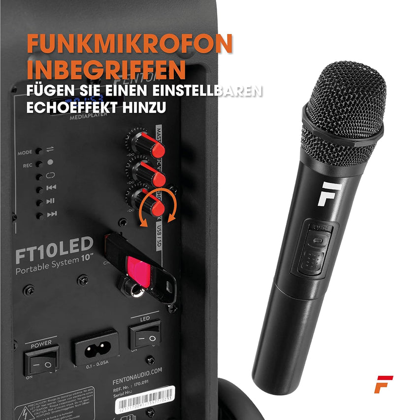 Fenton FT10LED, Partybox Bluetooth Box gross, 450 W Akku Musik Box, Karaoke Machine, MP3, SD, USB, 1