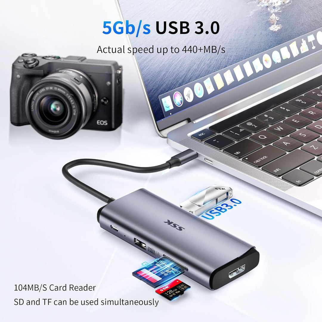 SSK USB C Dockingstation 3 Monitore, 9 in 1 Single 8K/Dual 4K60Hz USB C Hub DisplayPort Dock mit 2 H
