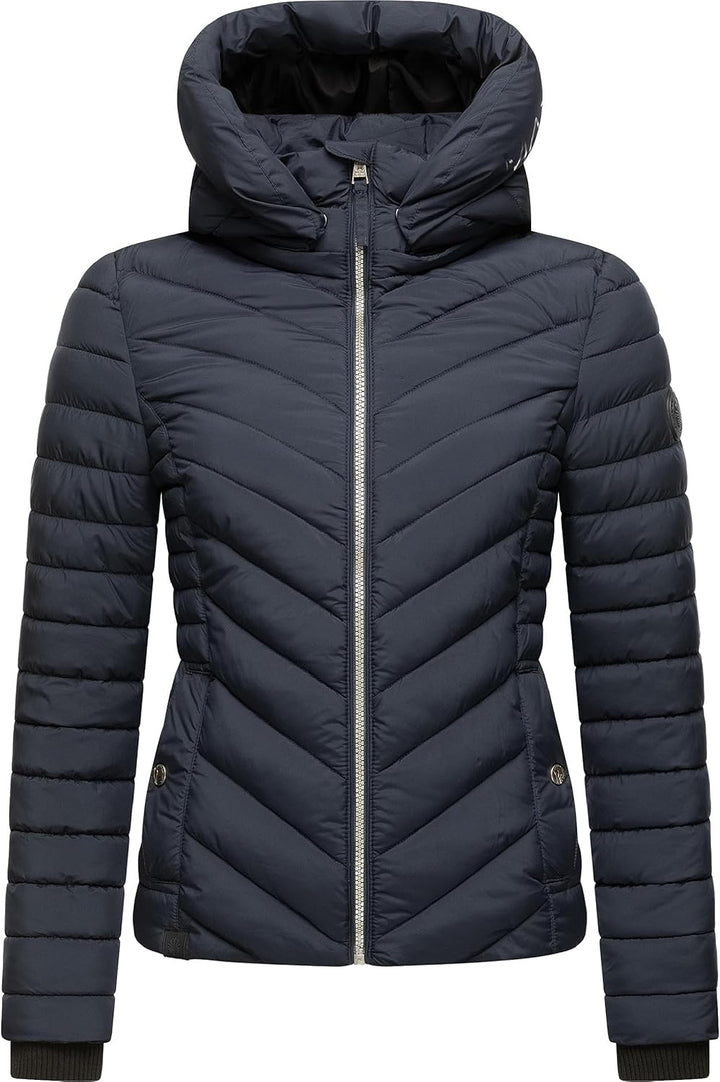 MARIKOO Damen Übergangsjacke leichte Steppjacke kurz mit Abnehmbarer Kapuze Kagomee XS-XXL L Navy, L