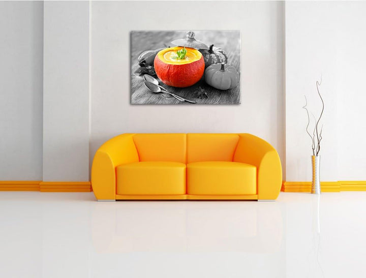 schmackhafte Kürbissuppe in Kürbis schwarz/weiss Format: 100x70 auf Leinwand, XXL riesige Bilder fer