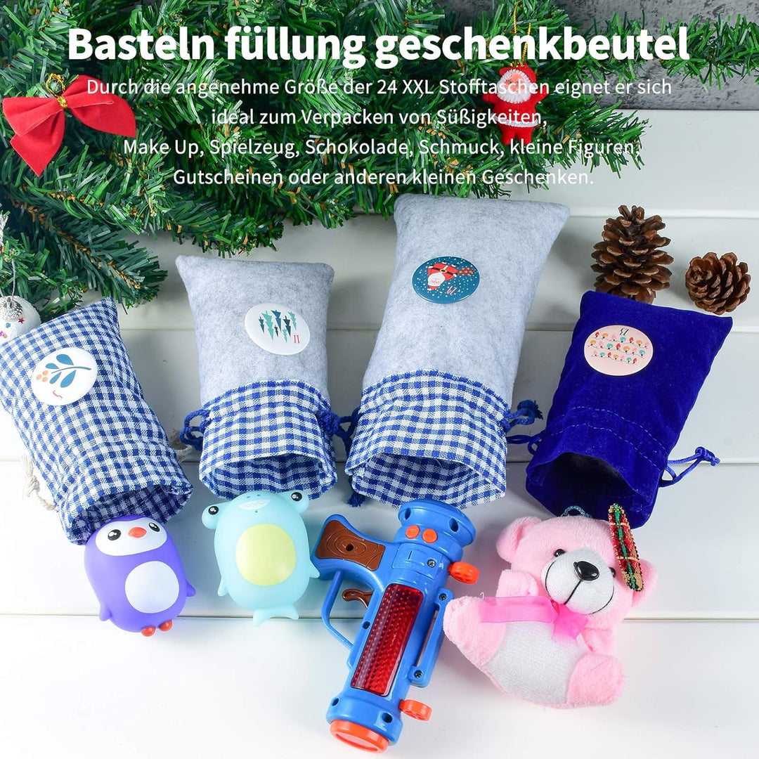 Adventskalender Stoffsäckchen zum Befüllen, Weihnachtskalender Filzsäckchen zum Selberfüllen, 24 Gro