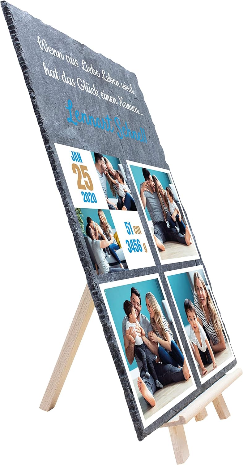 wandmotiv24 Schieferplatte mit eigenen Fotos zur Geburt, 20 x 30 cm, inklusive Staffelei, 5 Fotos +