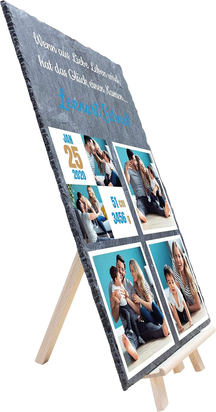 wandmotiv24 Schieferplatte mit eigenen Fotos zur Geburt, 20 x 30 cm, inklusive Staffelei, 5 Fotos +