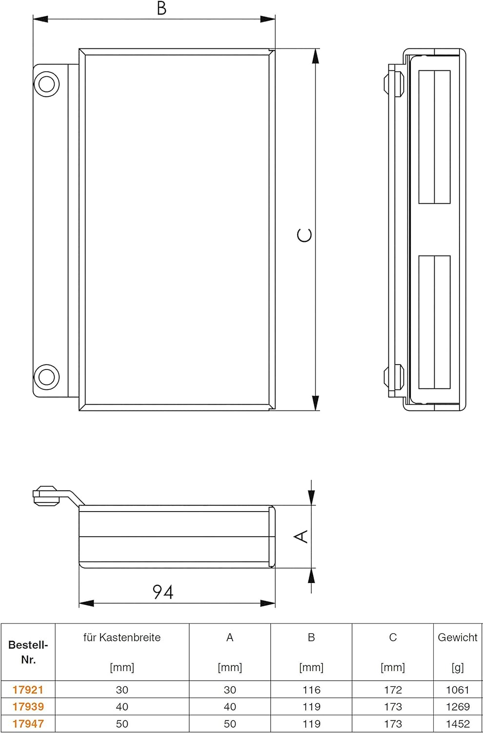 Gegenkasten blank 144GS Ausführung: Kastenreite 40mm, Kastenreite 40mm