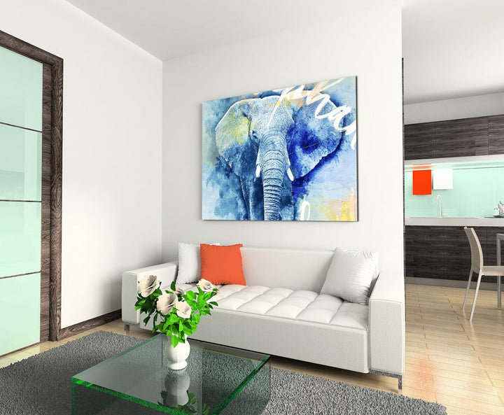 Paul Sinus Art Bild Leinwand 120x80cm Mächtiger Elefant in Blautönen mit Kalligraphie, 120x80cm