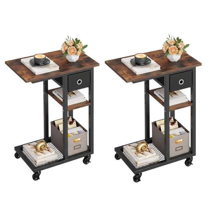 YITAHOME 2PCS Beistelltisch, C-Form Sofatisch mit Rollen und Schublade，Wohnzimmertisch für Kaffee un