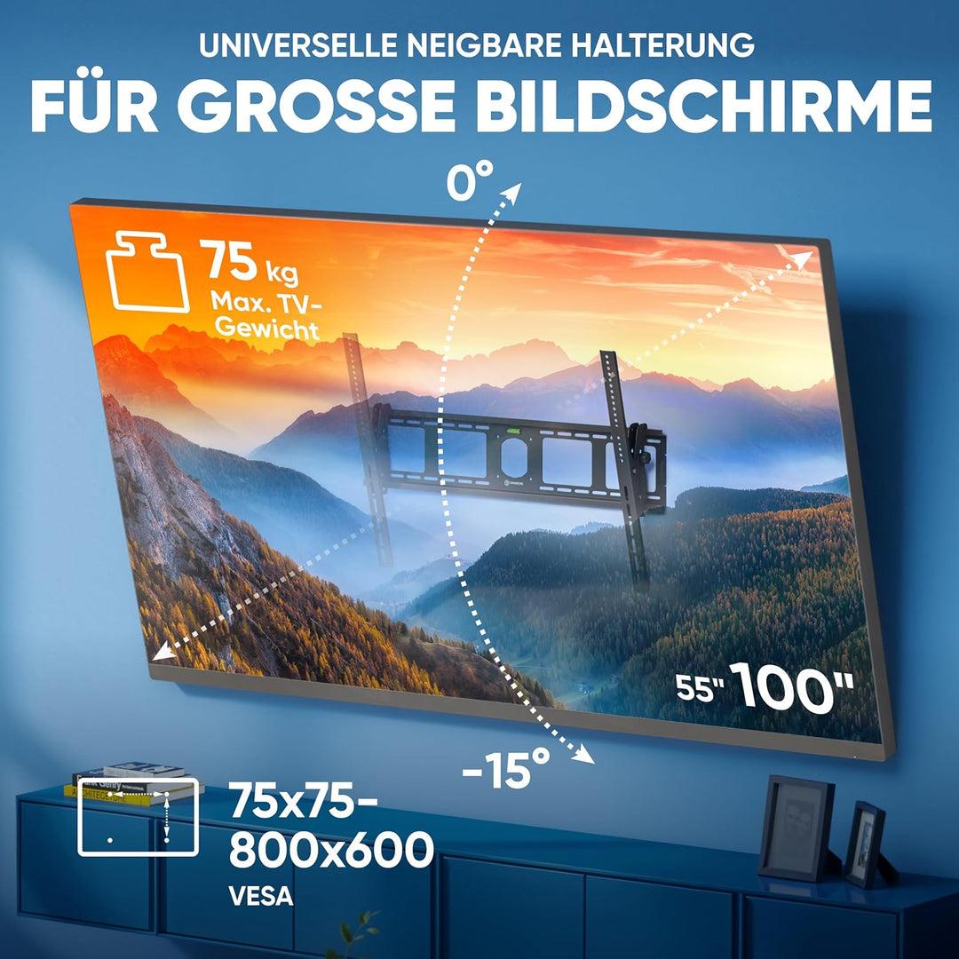 ONKRON TV Wandhalterung neigbar für 55-100 Zoll Fernseher bis zu 75 kg, TV Halterung flach Ultra Sli