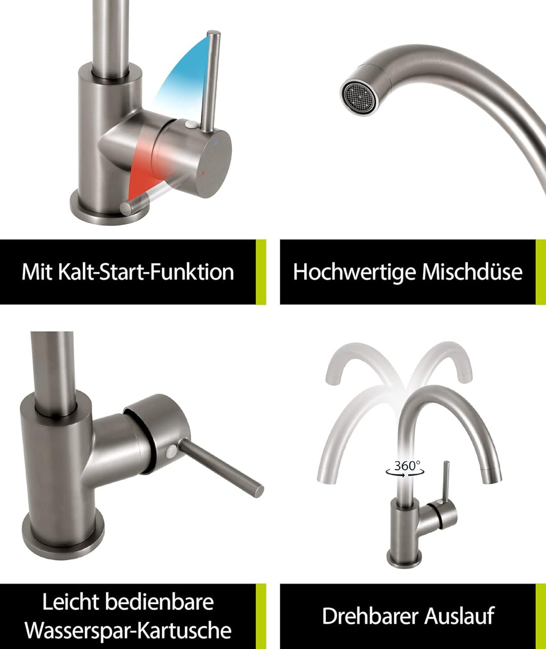 aquaSu® Spültischarmatur Kira mit Wasserspar-Kartusche, Kosten-sparende Kaltwassermittelstellung, ho