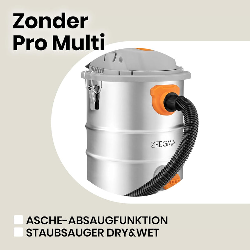 Zeegma ZONDER PRO Multi Nass Trockensauger, Industriestaubsauger 1600W für Asche, Behälter 25 L, Fil