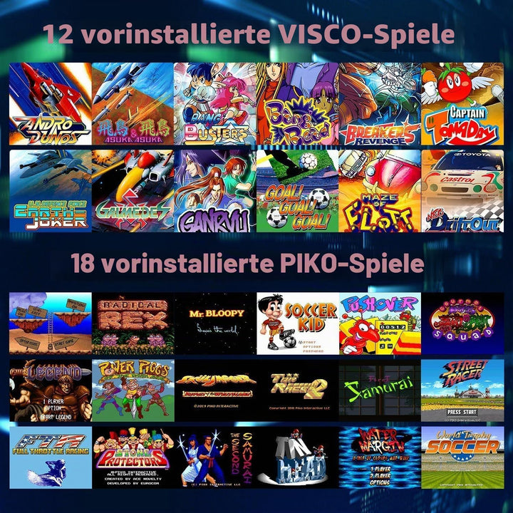 GO15 Retro-Videospielkonsole, Integrierte 12 VISCO- und 18 PIKO-Retro-Spiele mit echter Lizenz, Unte