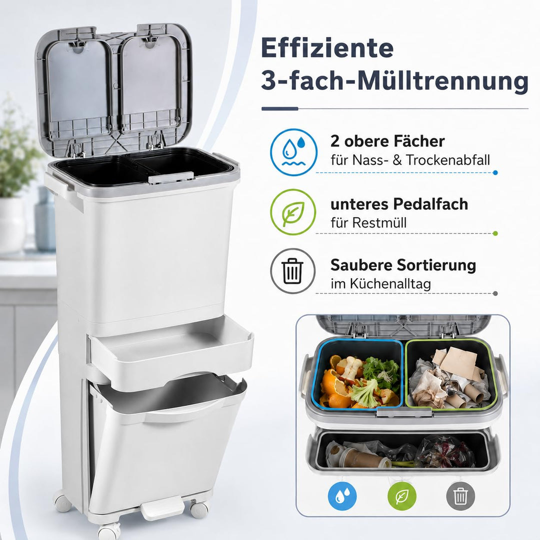 Grossvolumiger 42-Liter-Mülleimer mit 3 Fächern und Druckdeckel – Treteimer mit Fusspedal und Lenkro