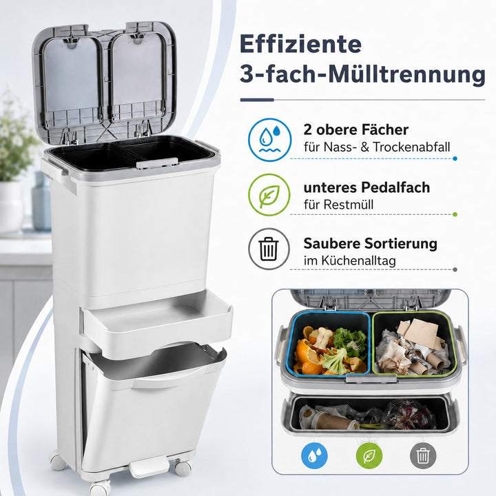 Grossvolumiger 42-Liter-Mülleimer mit 3 Fächern und Druckdeckel – Treteimer mit Fusspedal und Lenkro