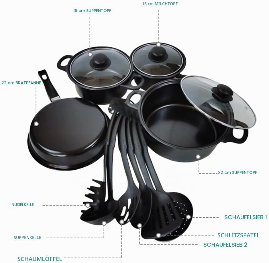 13-Piece Cookware Set, Antihaftbeschichtetes Töpfe- und Pfannenset, Küchenutensilien-Set, Küchenkoch