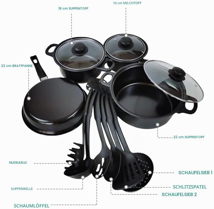 13-Piece Cookware Set, Antihaftbeschichtetes Töpfe- und Pfannenset, Küchenutensilien-Set, Küchenkoch