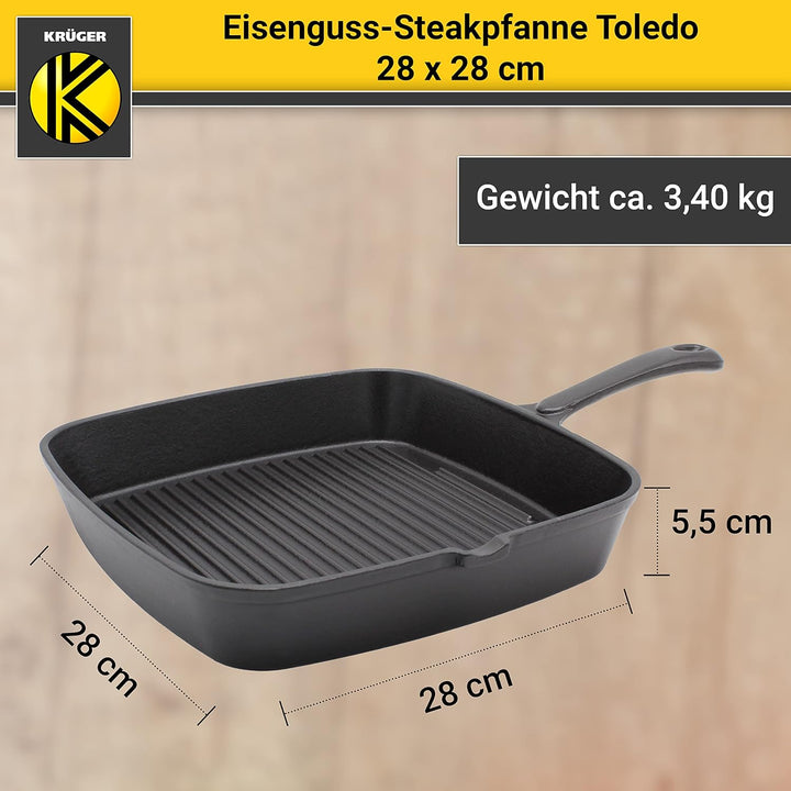 KRÜGER Gusseisen-Grillpfanne Toledo mit Ausgiesser - 28 x 28 cm - emailliert - hohe Hitzebeständigke