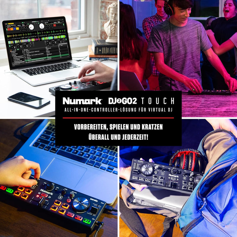 Numark DJ2GO2 Touch – Mini DJ Controller für unterwegs - 2-Deck USB DJ Pult mit Audio Interface und