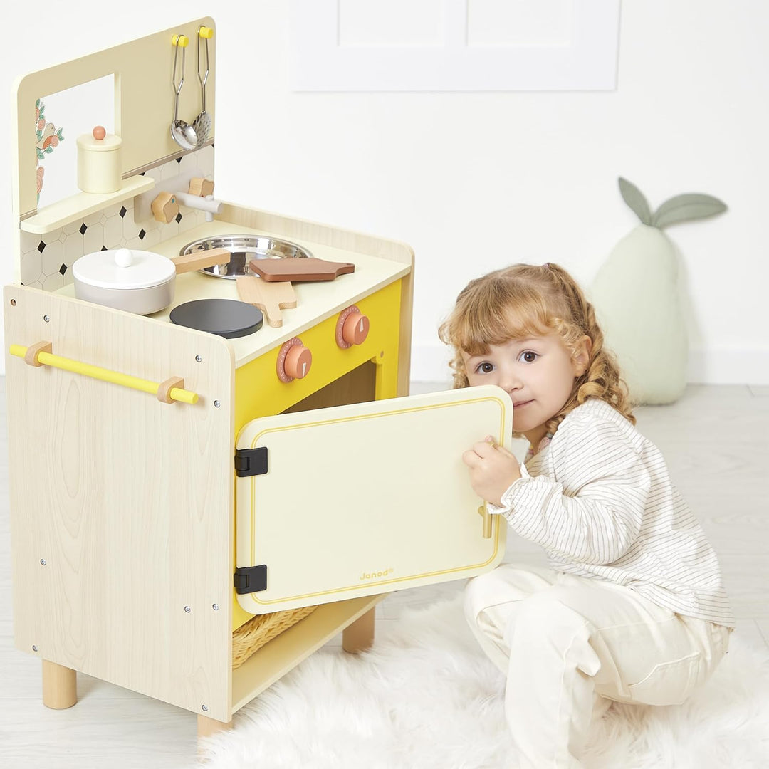 Janod - Kinderküche aus Holz - Ausgestattet mit Backofen, Spüle und 11 Zubehörteilen - Sonore Drehkn