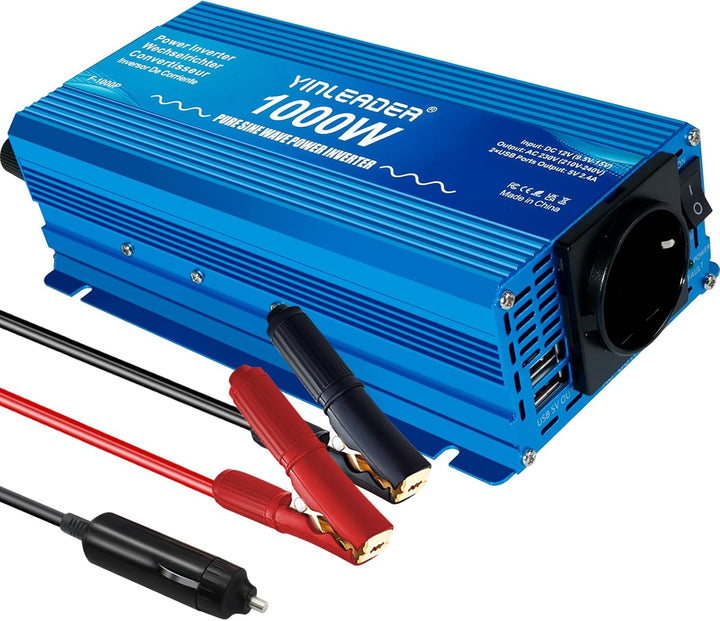 Yinleader Wechselrichter 1000W /2000W 12V 230V Reiner Sinus Spannungswandler mit 1 Steckdose 2 USB A