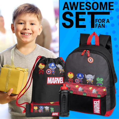 Marvel Schulrucksack Set mit Rucksack Kinder, Turnbeutel, Federmäppchen Jungen, Trinkflasche 470 ml