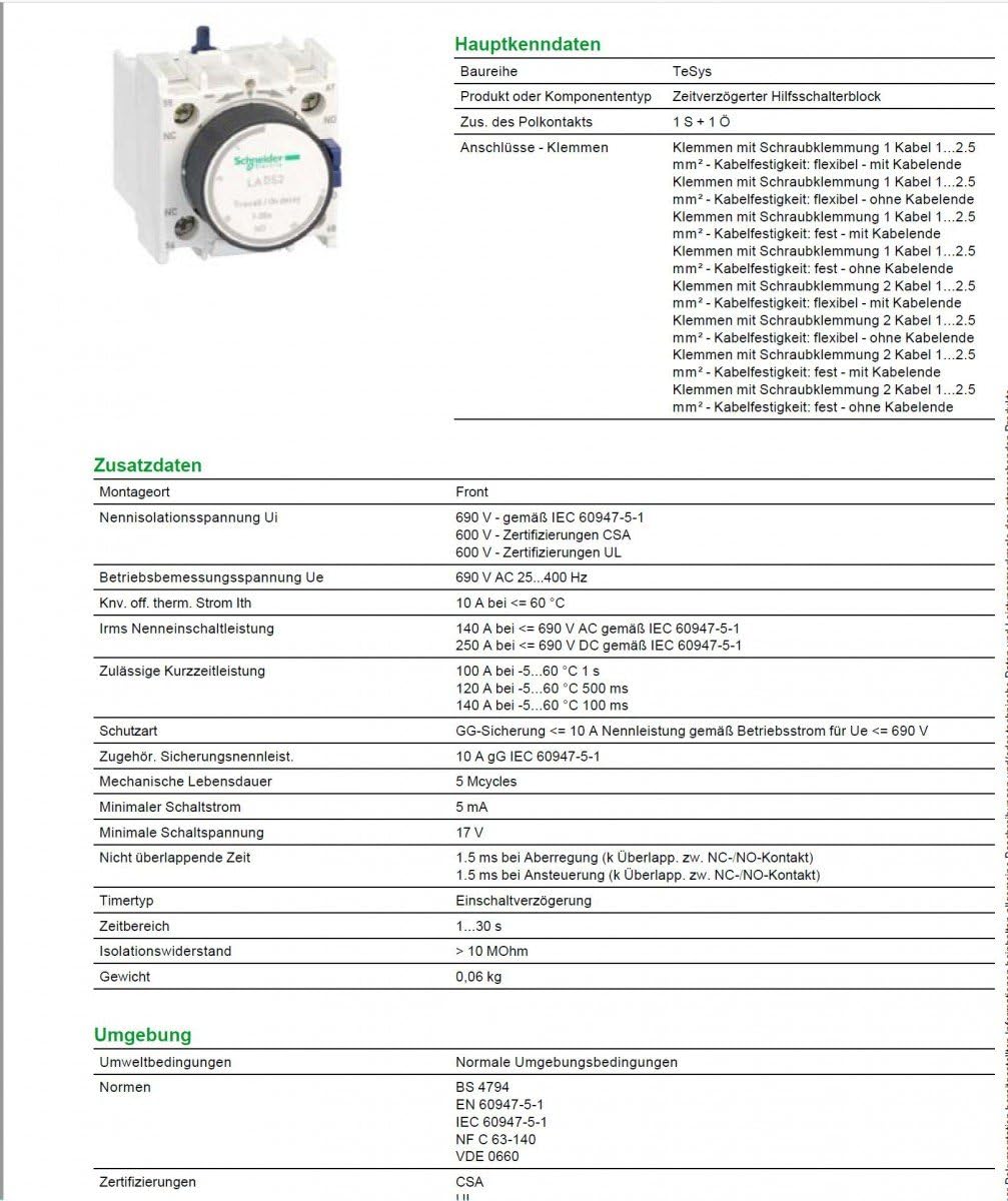 Schneider Electric LADS2 Zeitblock, anzugsverzögert, 1S+1Ö, 1,00-30,02s, Schraubanschluss
