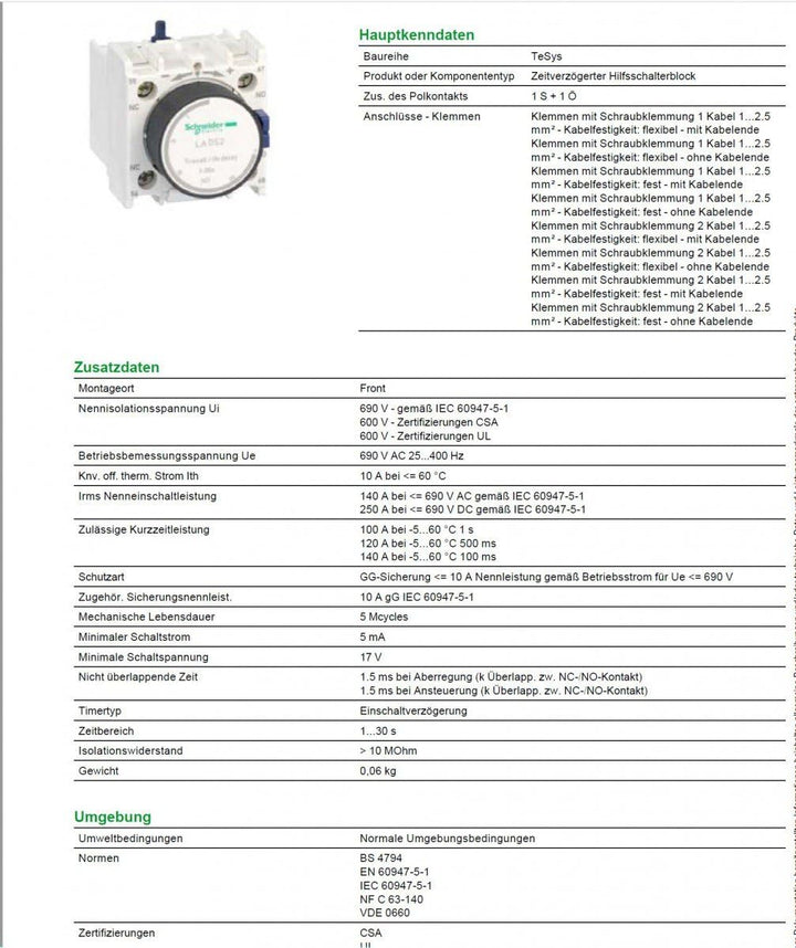 Schneider Electric LADS2 Zeitblock, anzugsverzögert, 1S+1Ö, 1,00-30,02s, Schraubanschluss