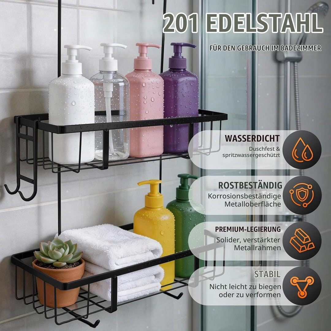 Duschablage zum Hängen – 2 Etagen Duschregal Für Dusche Glastür aus Edelstahl, Duschkorb &amp; Shampoo-H