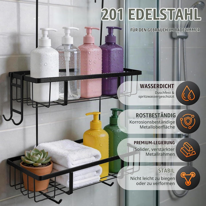 Duschablage zum Hängen – 2 Etagen Duschregal Für Dusche Glastür aus Edelstahl, Duschkorb &amp; Shampoo-H