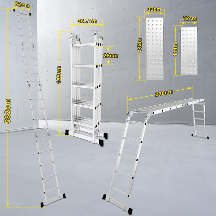 Herrselsam Mehrzweckleiter 4x5, 7in1 Multifunktionsleiter 582CM Alu Vielzweckleiter Klappleiter mit