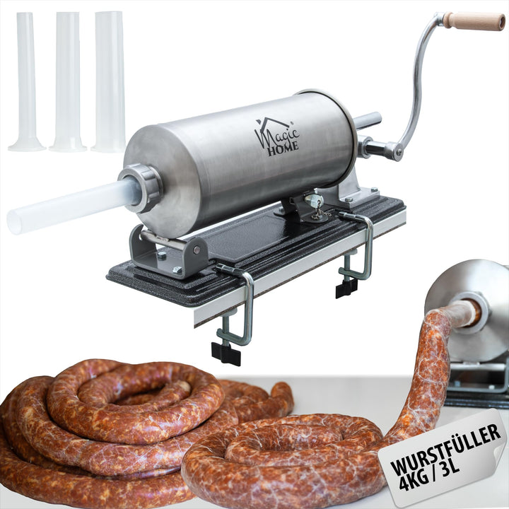 MAGIC HOME Wurstfüller aus Edelstahl | 3l / 4kg | Manuell, Horizontal | Hochwertige Wurstfüllmaschin