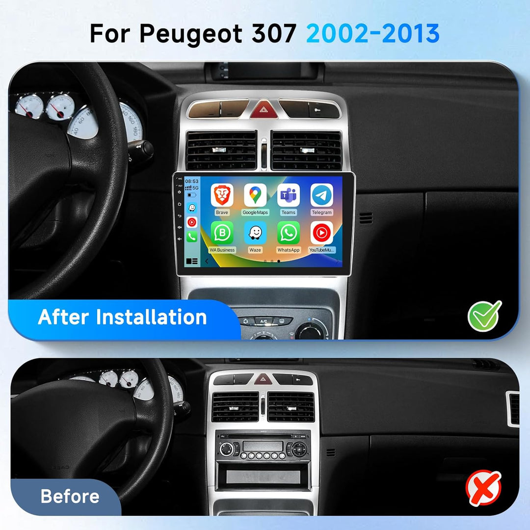 Podofo Carplay Android Autoradio GPS für Peugeot 307 2002-2013, HiFi Android Auto 9" Touchscreen WiF