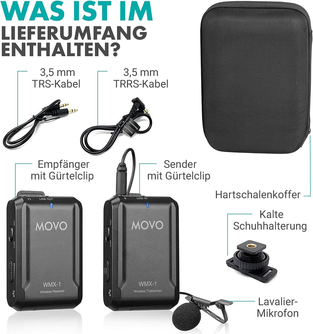 Movo WMX-1 2.4GHz Drahtloses Lavalier-Mikrofonsystem, kompatibel mit DSLR-Kameras, Camcordern, iPhon