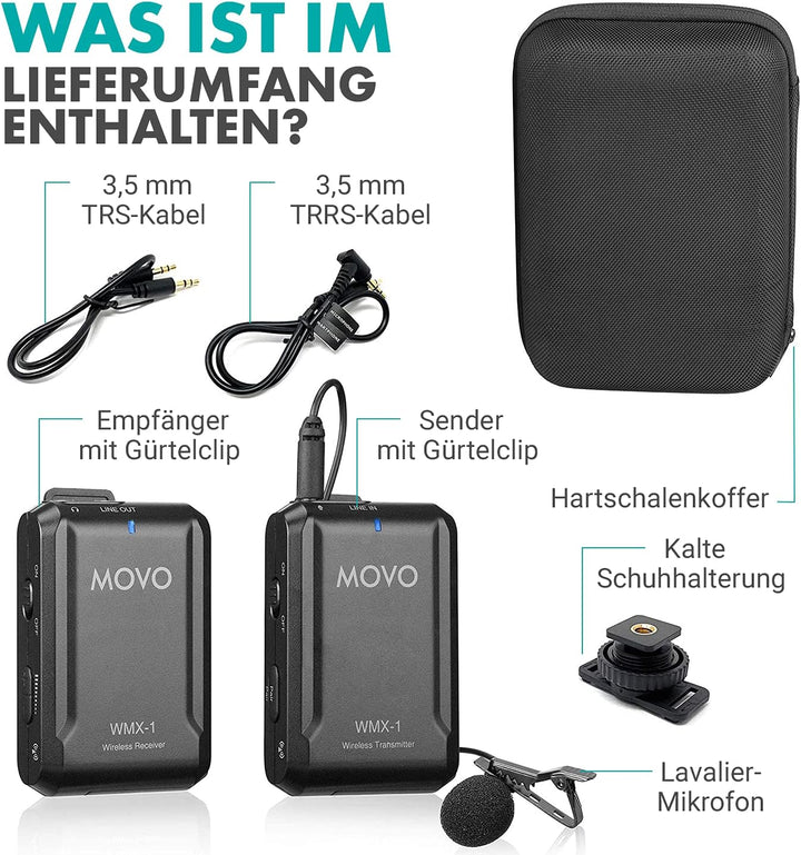 Movo WMX-1 2.4GHz Drahtloses Lavalier-Mikrofonsystem, kompatibel mit DSLR-Kameras, Camcordern, iPhon