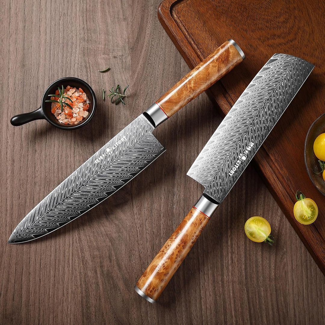 Kitory Damastmesser 20cm Pro Kochmesser 73 Lagen Damaststahl Klinge 10Cr15CoMoV Stahl Küchenmesser m