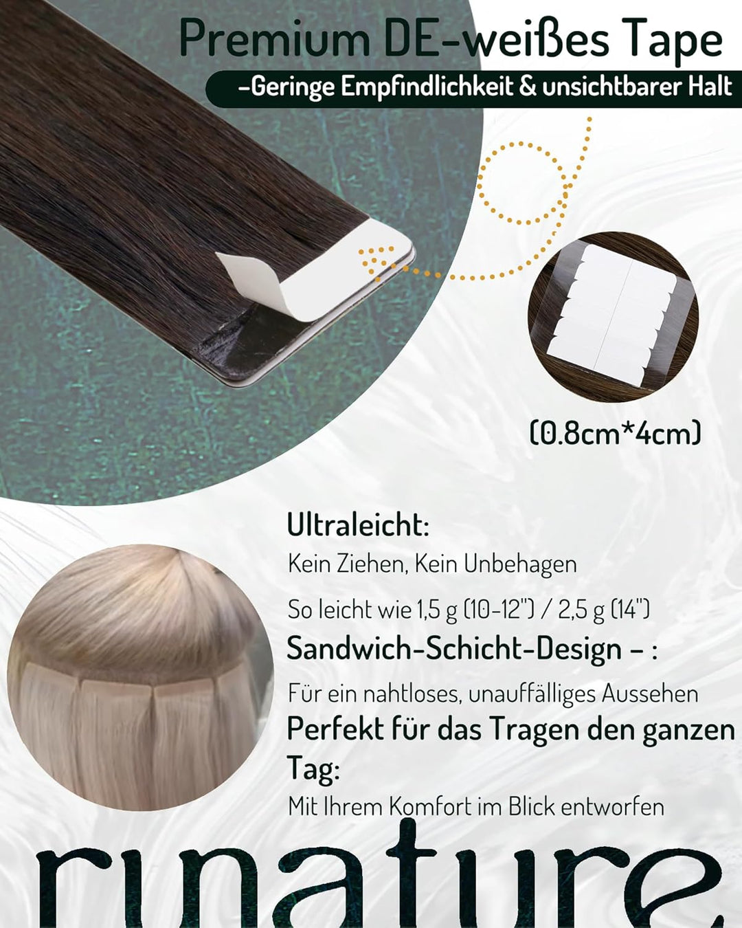 RUNATURE Tape Extensions Echthaar Balayage Schwarz Ombre Braun und Blond 30cm Menschliches Haar Glat