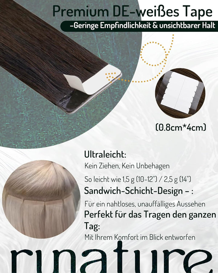 RUNATURE Tape Extensions Echthaar Balayage Schwarz Ombre Braun und Blond 30cm Menschliches Haar Glat