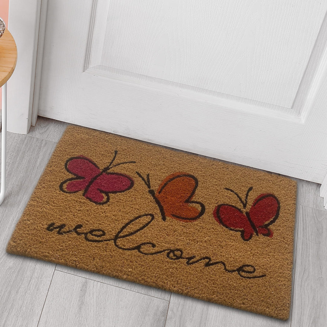 CARPETIA Kokos Schuhabtreter mit bunten Schmetterlingen | umweltfreundlich | rot orange, 40 x 60 cm