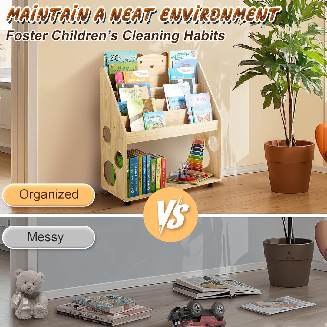 Kinder Bücherregal Montessori mit Rollen & Tafel, 5-stöckiges Kinderregal Kinderbücherregal Kinderzi