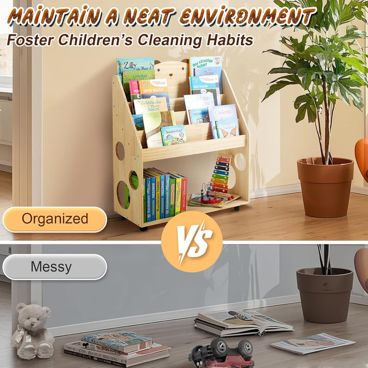 Kinder Bücherregal Montessori mit Rollen & Tafel, 5-stöckiges Kinderregal Kinderbücherregal Kinderzi