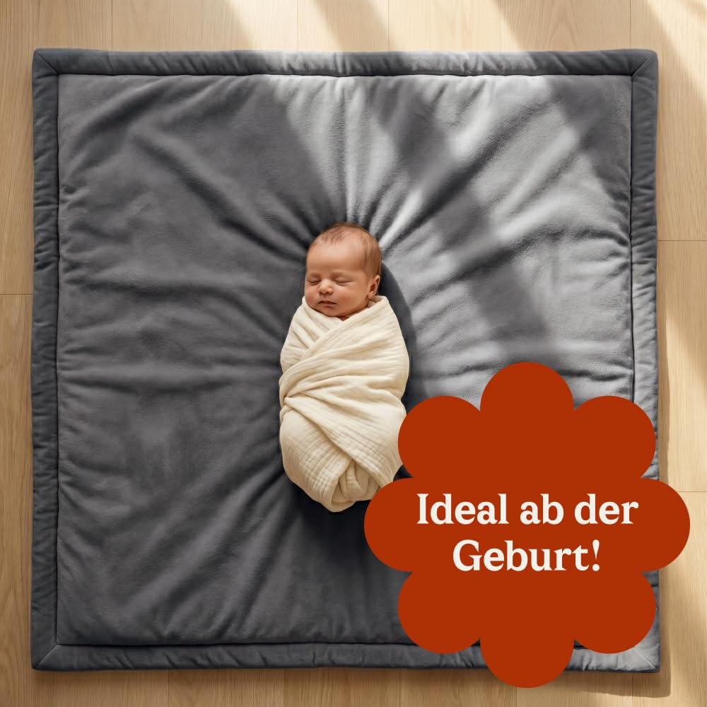 CASABEL Baby-Spielmatte aus Samt, dick und weich, 120x120cm, Grau | 2,5 cm dick, komfortabler Schaum