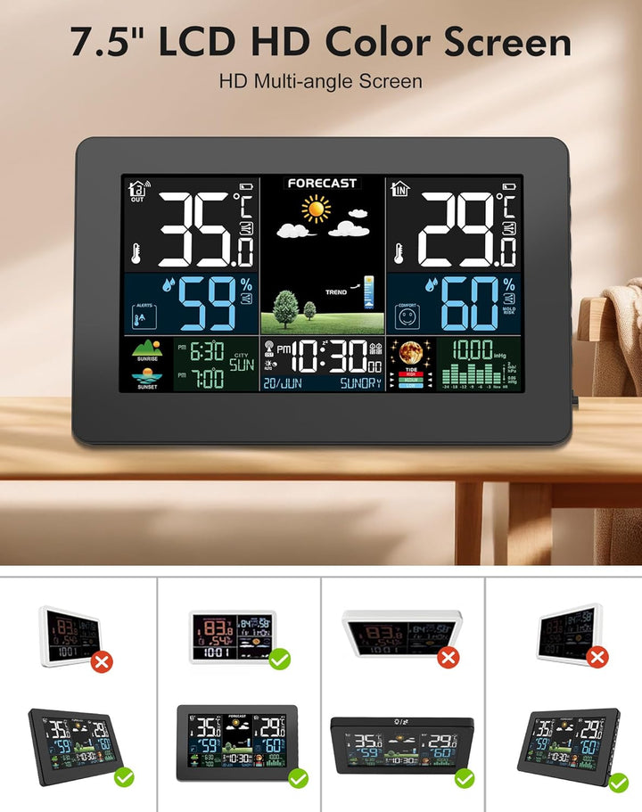 Wetterstation Funk mit Aussensensor, Farbdisplay, Wettervorhersage, Temperatur, Luftfeuchtigkeit, We