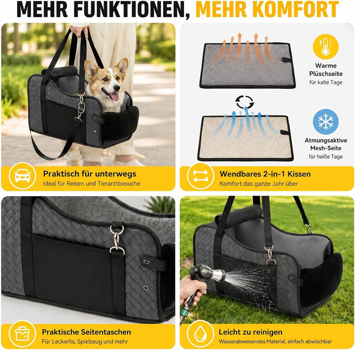 Autositze für Kleine Hunde und Katzen, Faltbar Mittelkonsole Haustiersitz mit Doppelter Befestigung