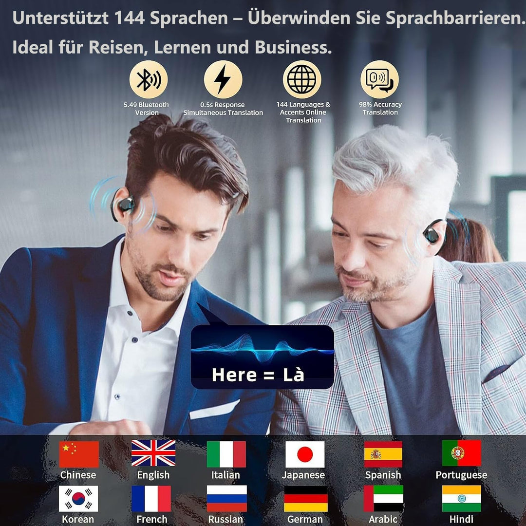AI Language Translator Earbuds, 4-in-1-Übersetzungsgerät, unterstützt 144 Sprachen und Akzente, Echt