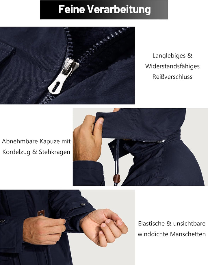 KEFITEVD Winterparka Herren Fleece Gefüttert Winterjacke mit Viele Taschen Kapuze Warm Winter Mantel